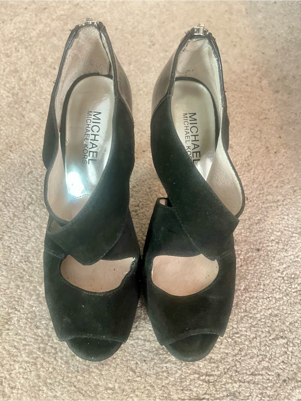 MICHAEL Michael Kors Black Suede Crisscross Peep-Toe Heels, small heel zipper.